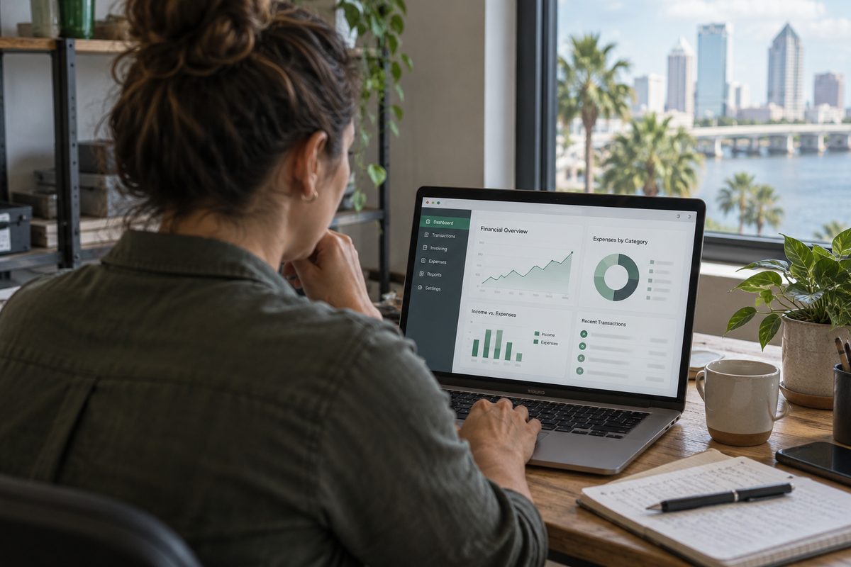 Small-business owner reviewing a financial statement on screen