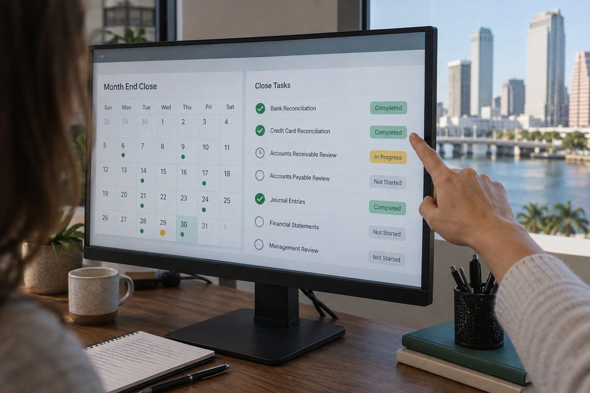 Monthly close calendar and task status in an online bookkeeping interface