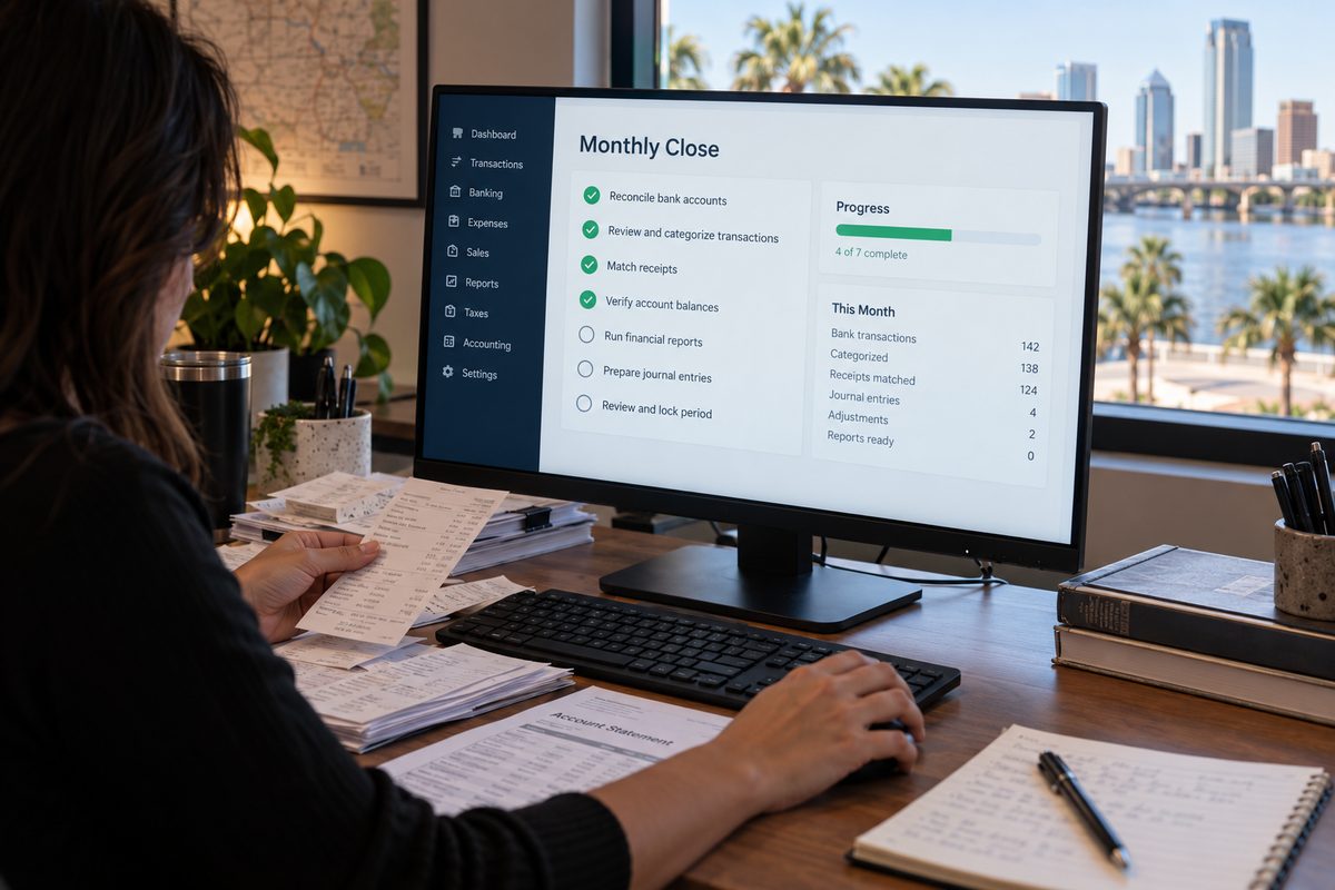 Online bookkeeping dashboard showing a monthly close and source-document status