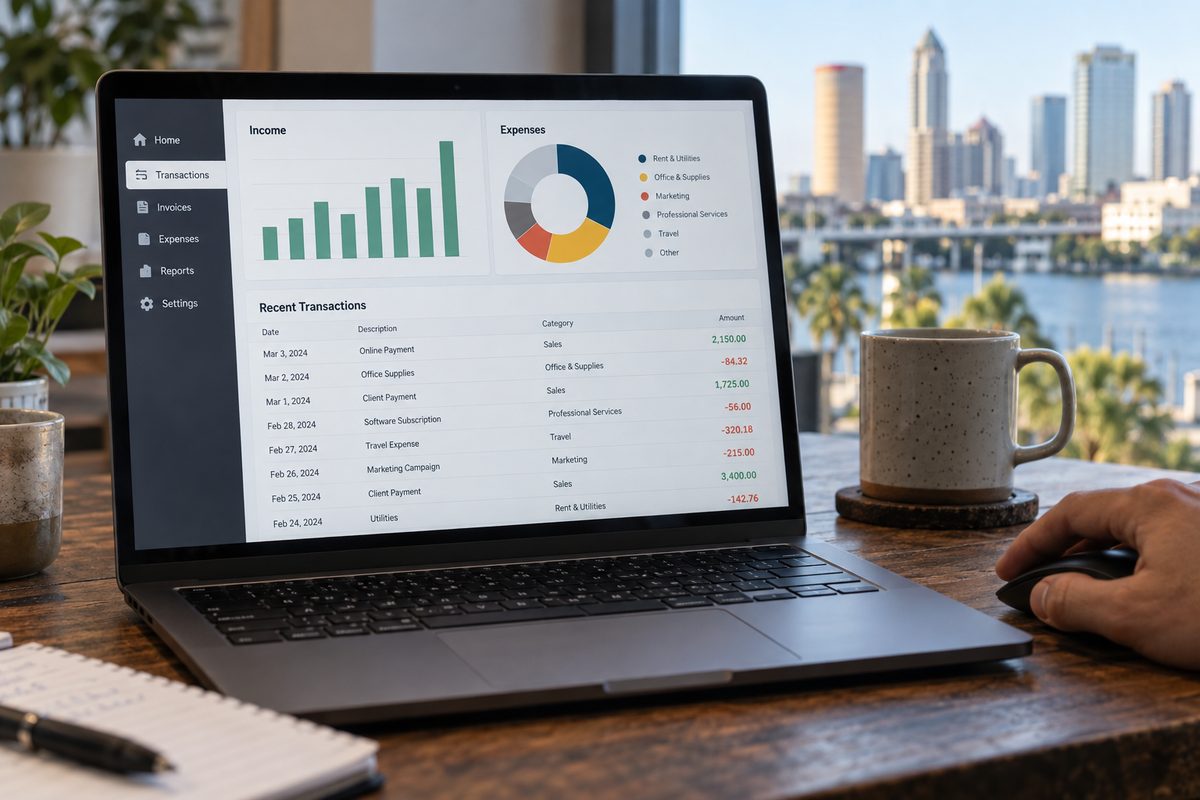 Bookkeeping dashboard with categorised income and expense transactions
