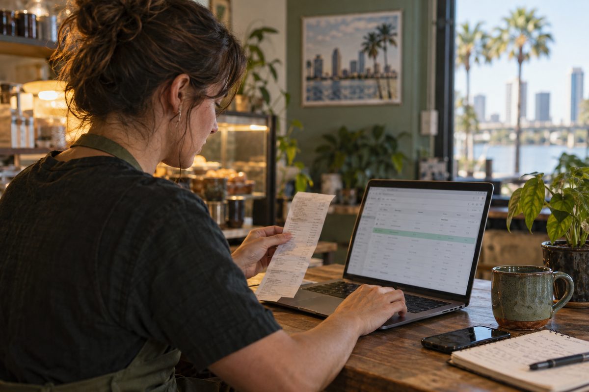 Small-business owner checking a captured receipt against a transaction
