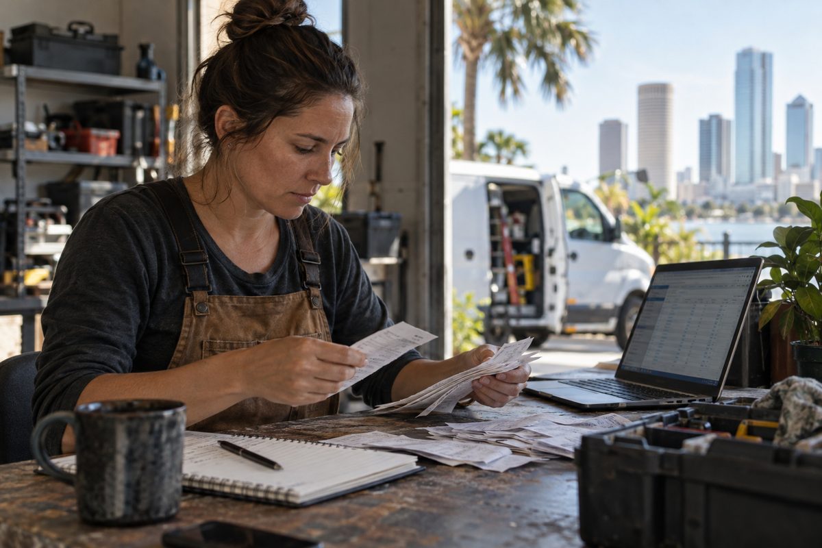 Service-business owner preparing receipts for a bookkeeping inquiry
