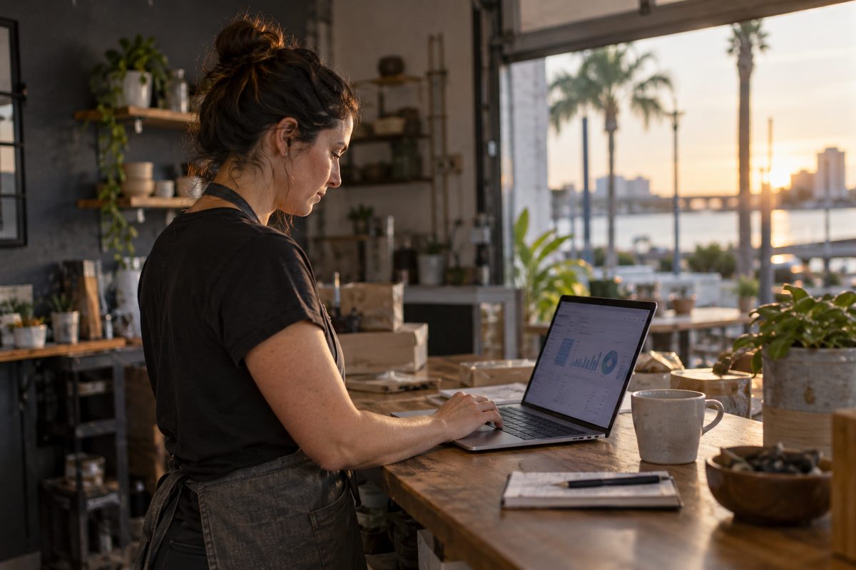 Small-business owner checking a completed bookkeeping dashboard in Tampa