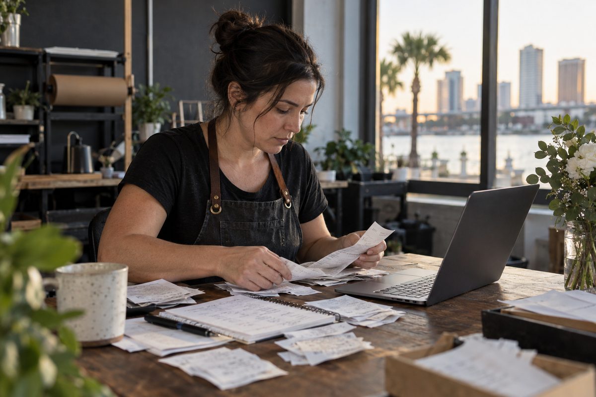 Tampa service-business owner organising receipts beside a bookkeeping ledger